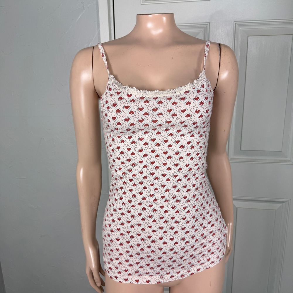 Vintage Y2K Belle Du Jour Shirt Small Heart Print Lace Tank Top Cotton I3-14
